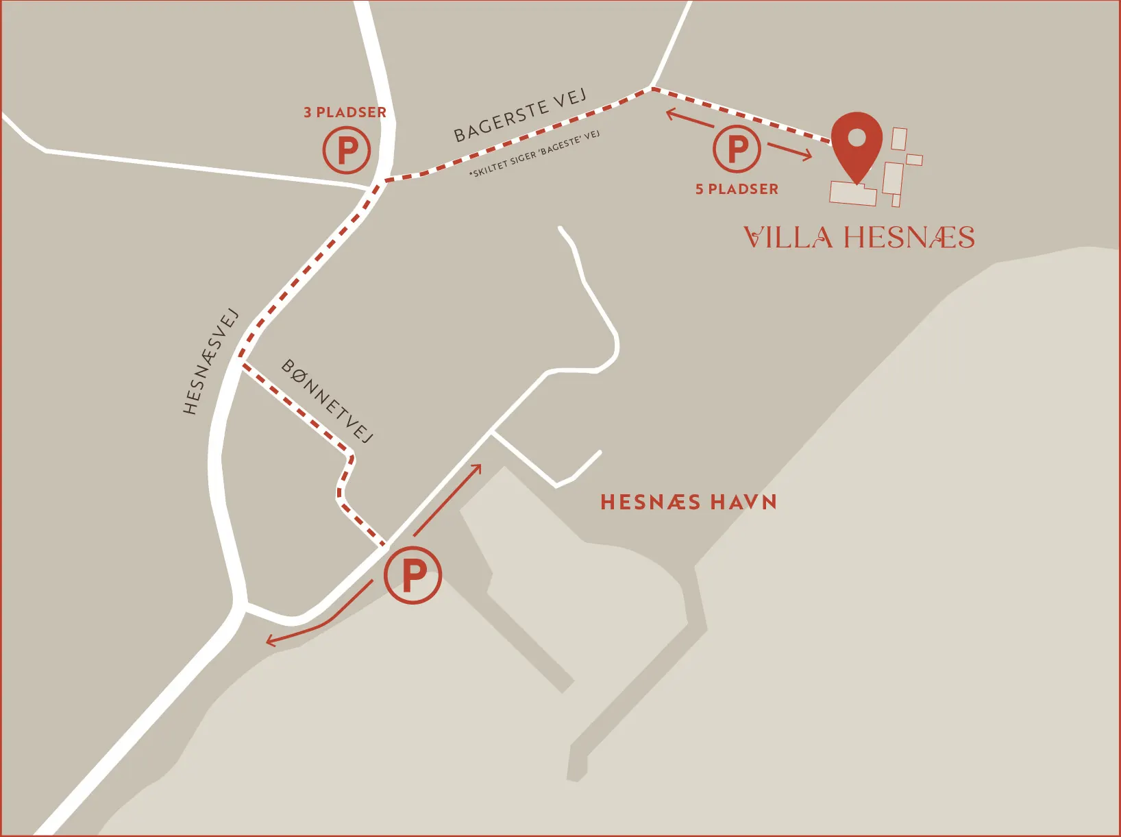 Map showing parking locations near Villa Hesnæs and the walking route to the villa.