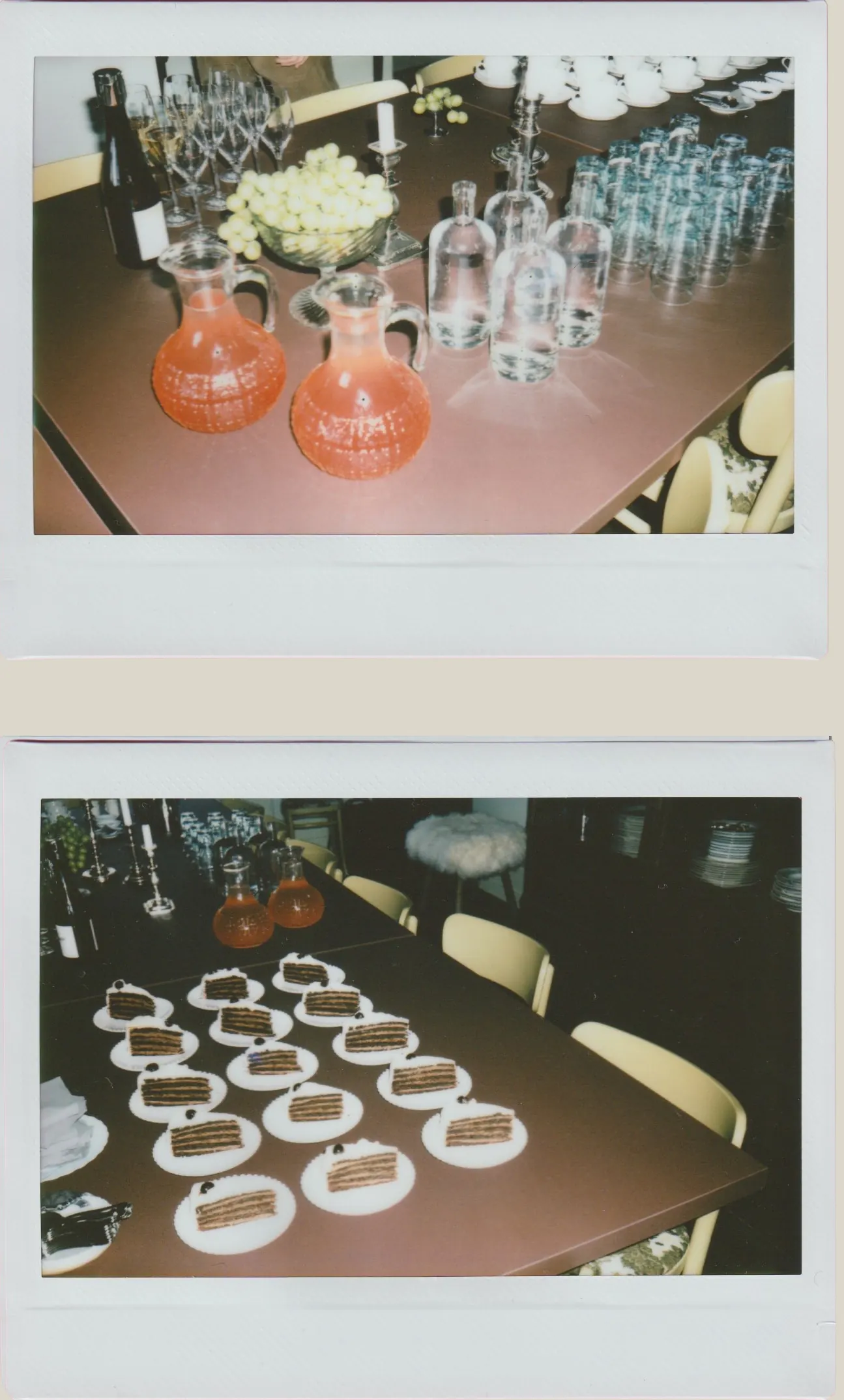 Polaroids of party drinks and plated cake at Villa Hesnæs.
