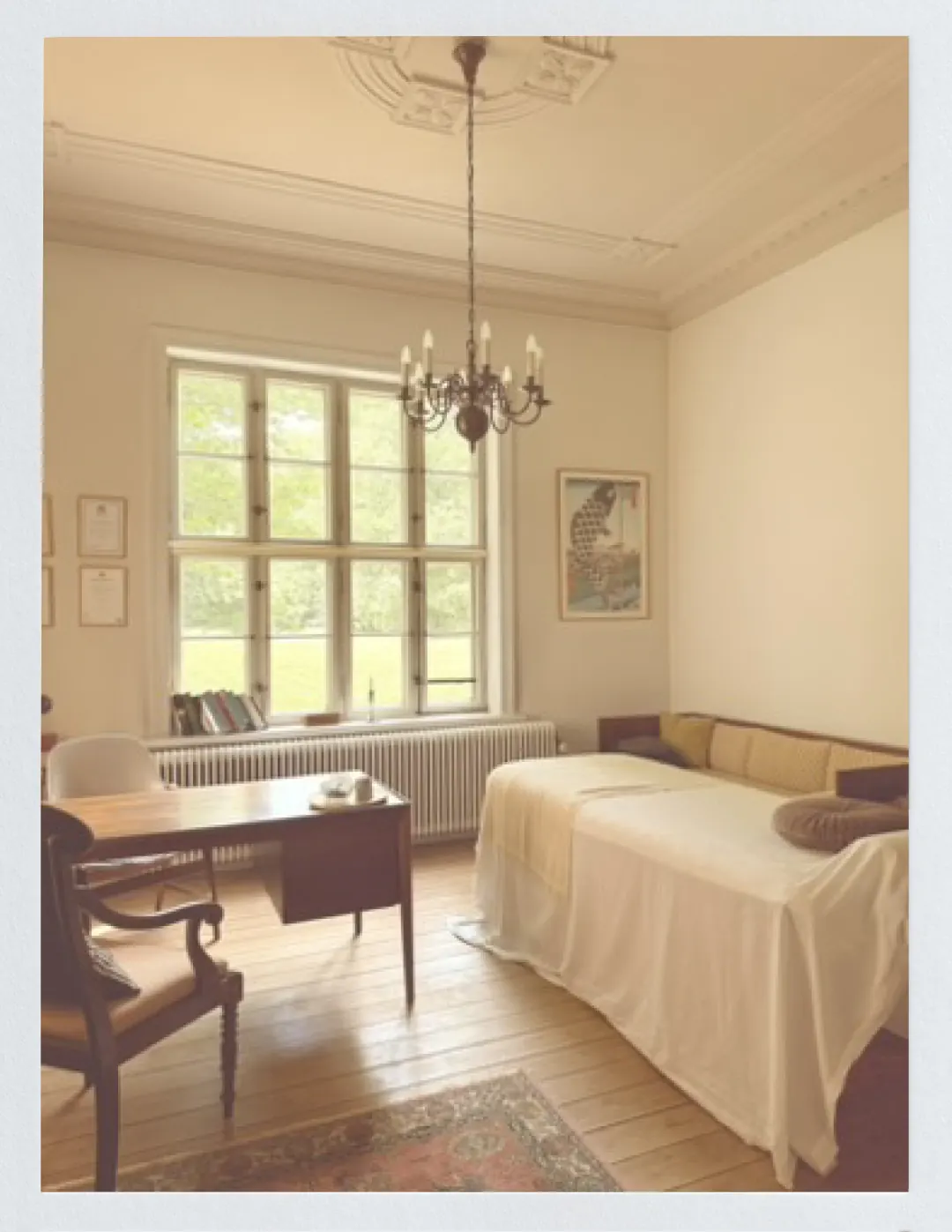 A calm treatment room with a massage table and garden-facing windows.