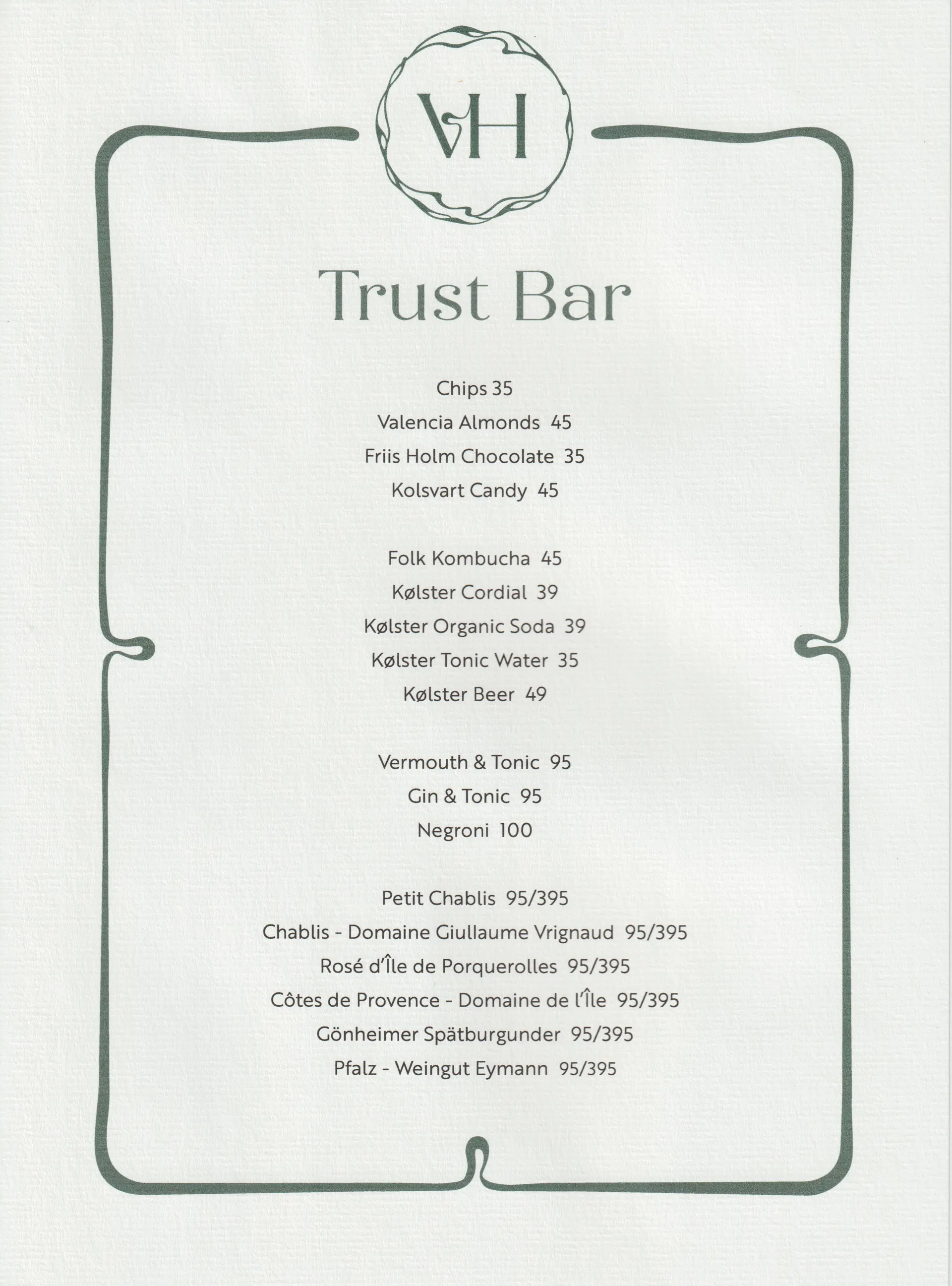The Trust Bar menu with drinks, snacks, and prices.